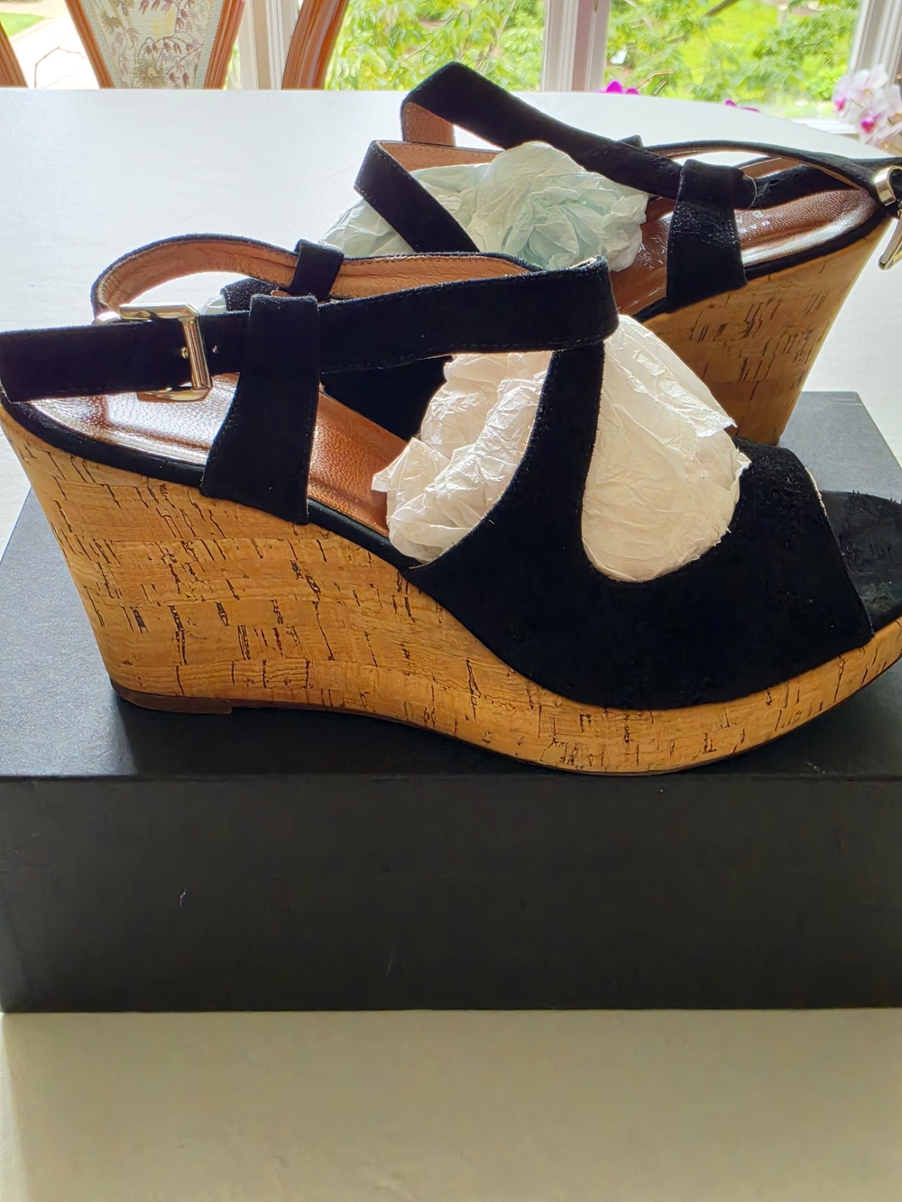 Barneys New York Black Cork Wedge Sandals